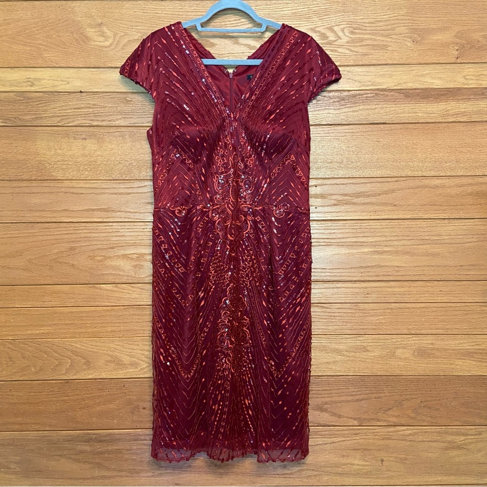 David Meister red sequin short sleeve dress